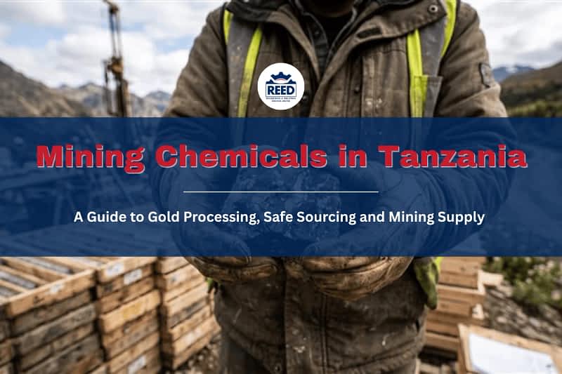 Mining chemicals used in gold processing in Tanzania, including sodium cyanide, lime, and activated carbon for gold recovery